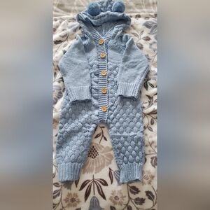 Blue Knit Baby Onsie Sweater with Wooden Buttons